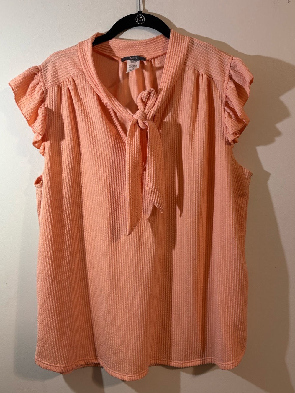 gyft blouse peach women’s XL tie neck fluttery ruffle sleeves Ruffle Cap Sleeve